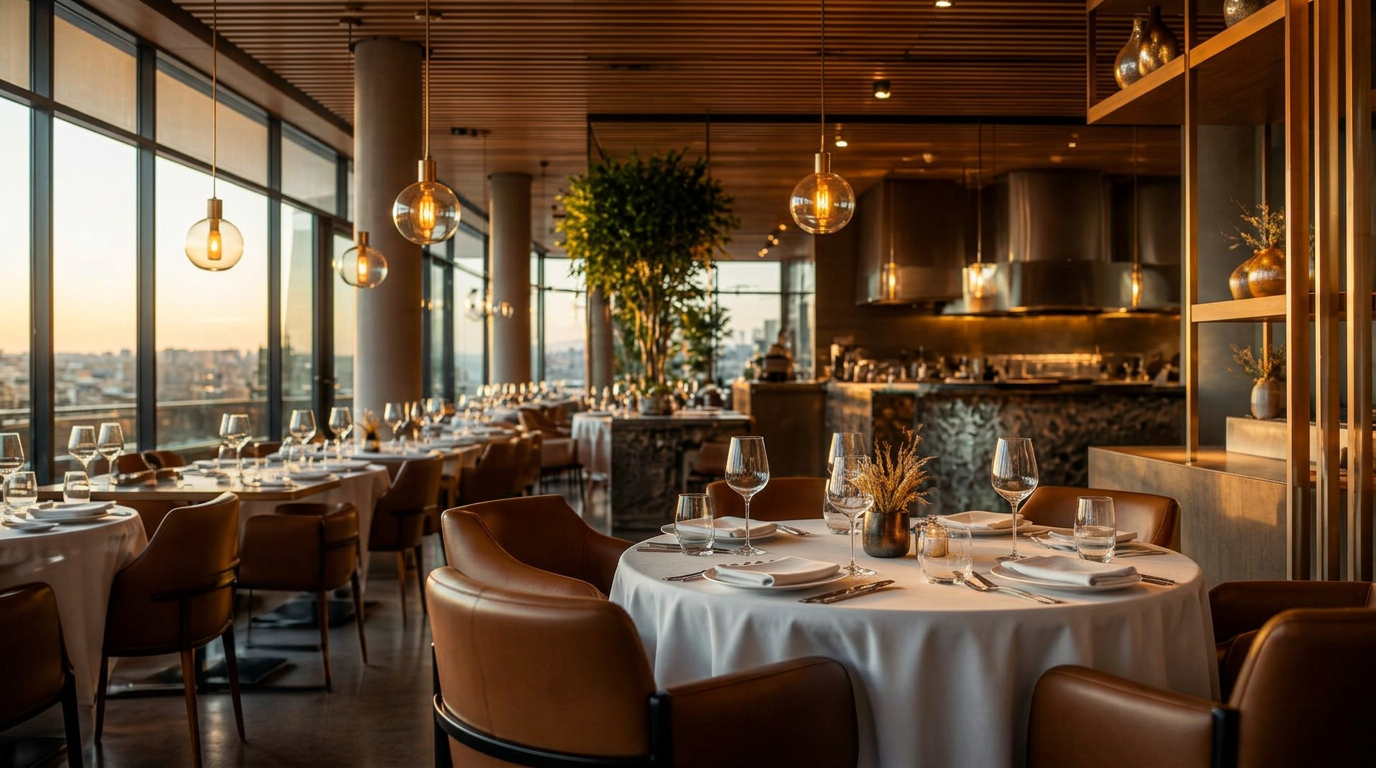 Elegant fine-dining restaurant interior at golden hour